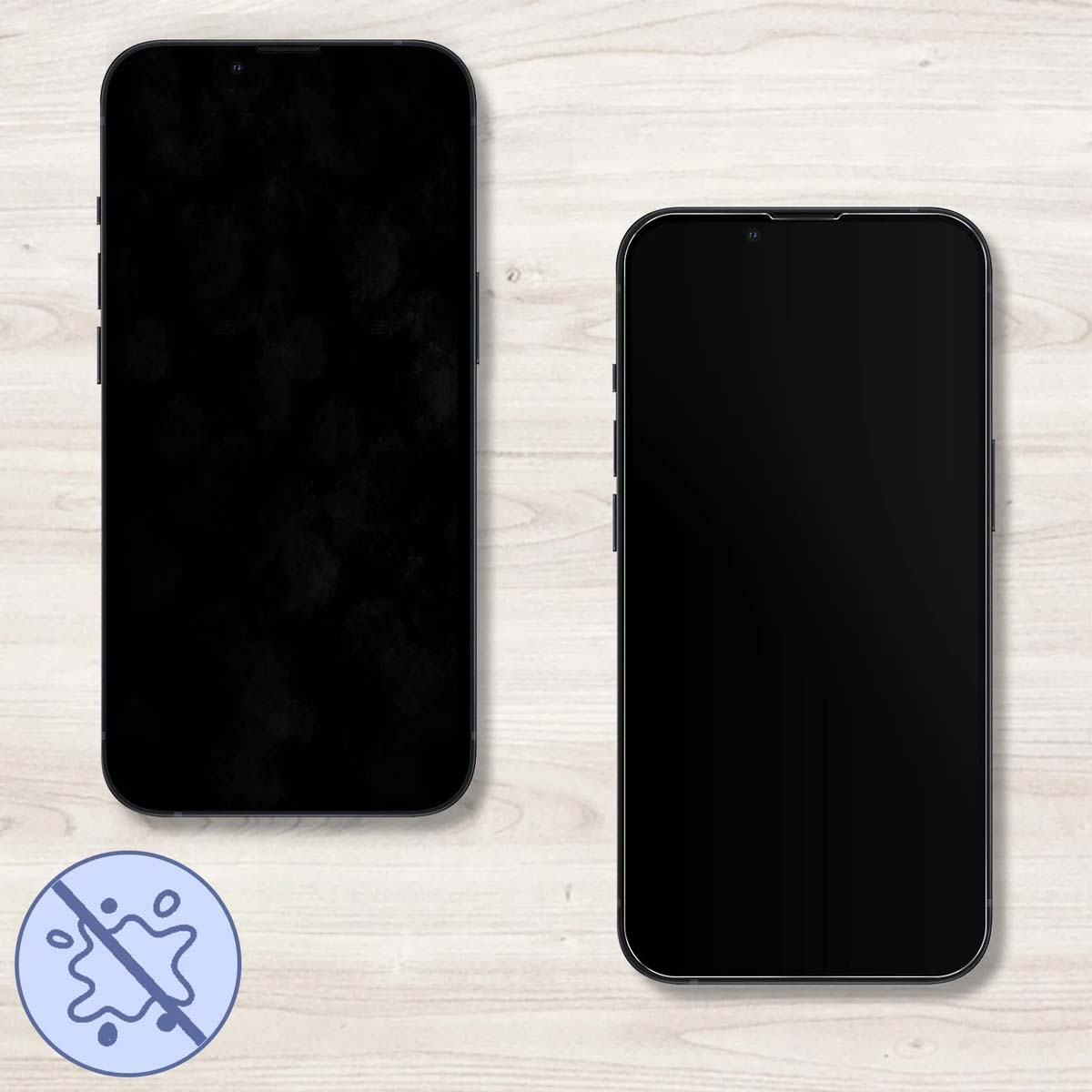Twee zwarte smartphones op houten ondergrond, één kleiner, met beschermingssymbool.