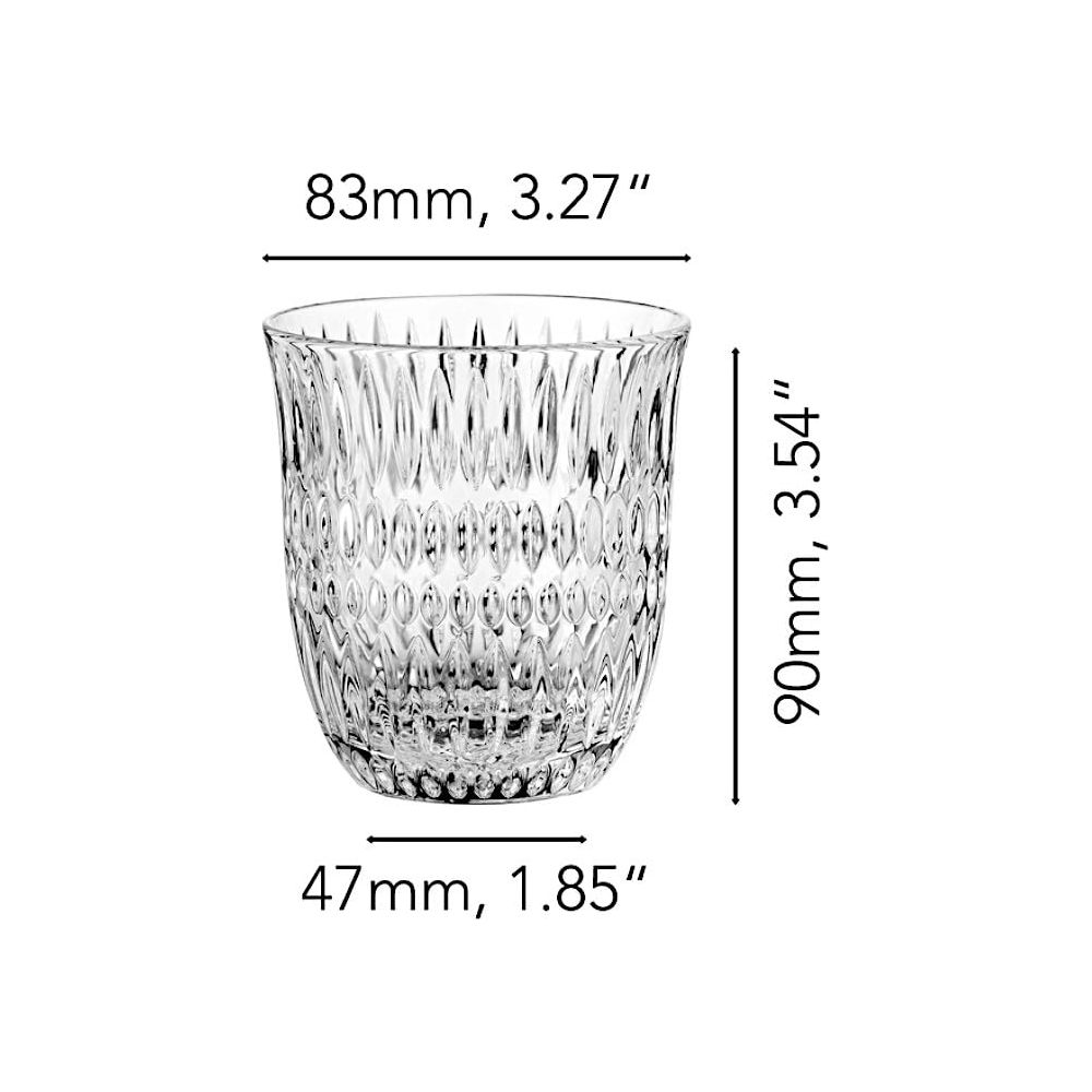 Ein klares Glas mit Rillenmuster, 83mm breit, 90mm hoch.