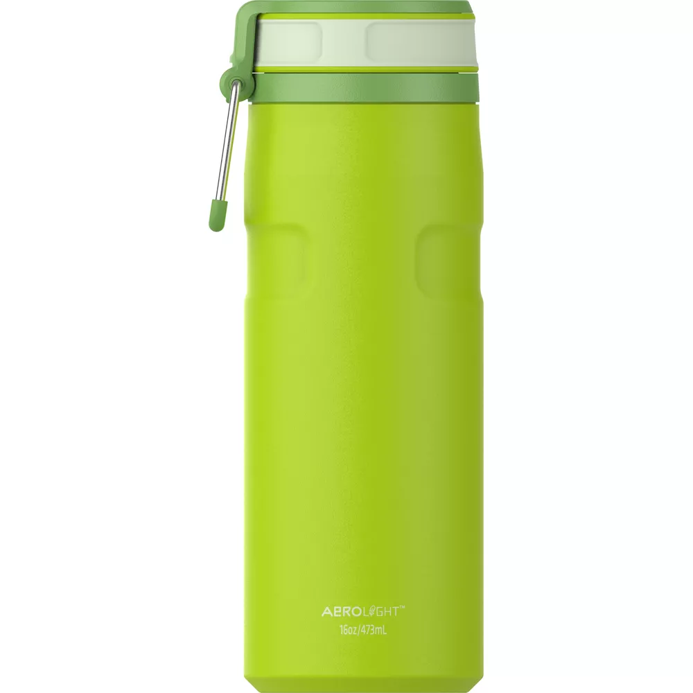 Eine leuchtend grüne Thermoskanne mit silbernem Tragegriff und weiß-grünem Deckel.