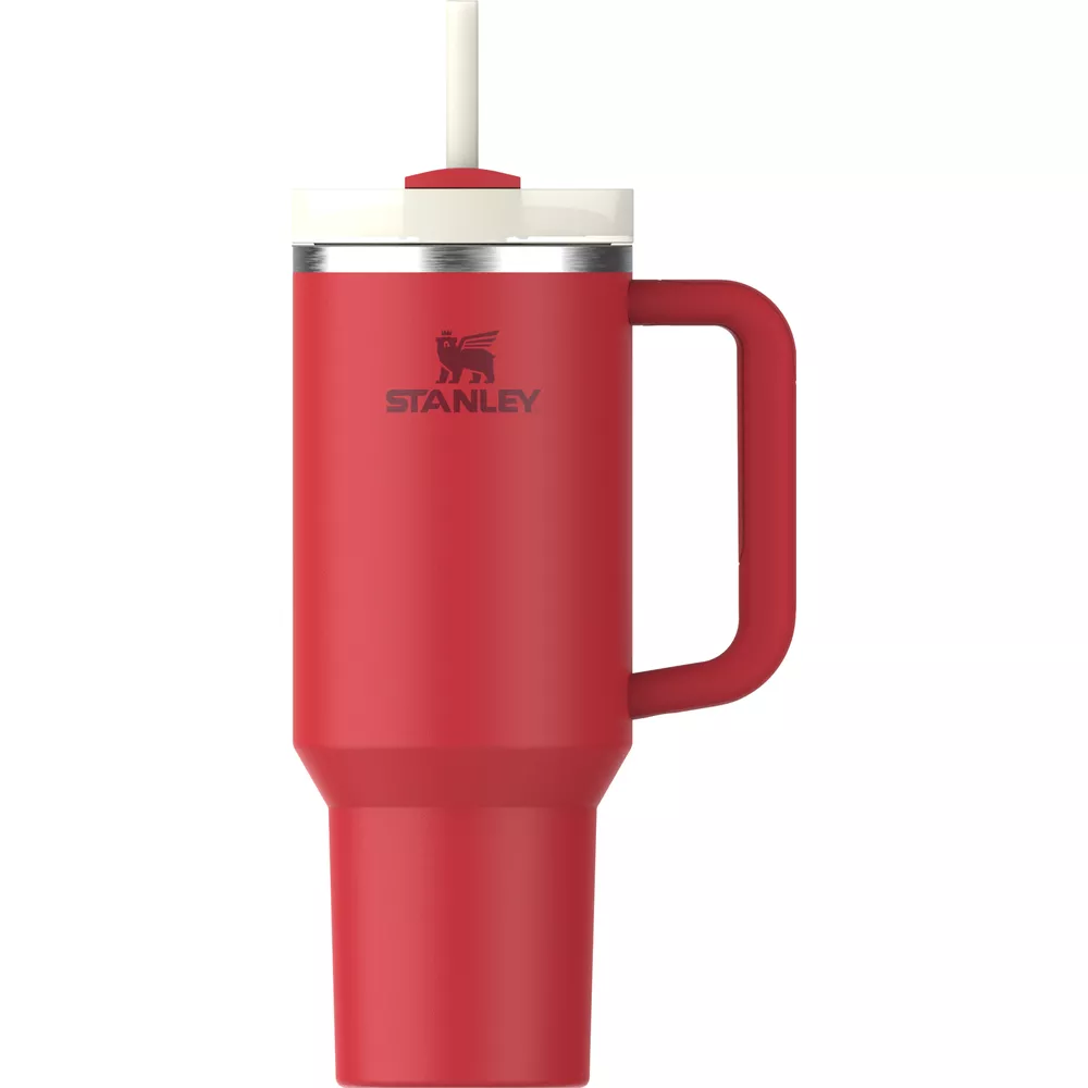 Rote Stanley-Trinkflasche mit Griff und Strohhalm, weißer Deckel.