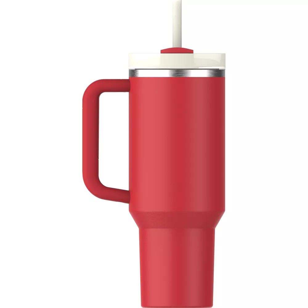 Rote Tasse mit Griff, weißem Deckel und Strohhalm.
