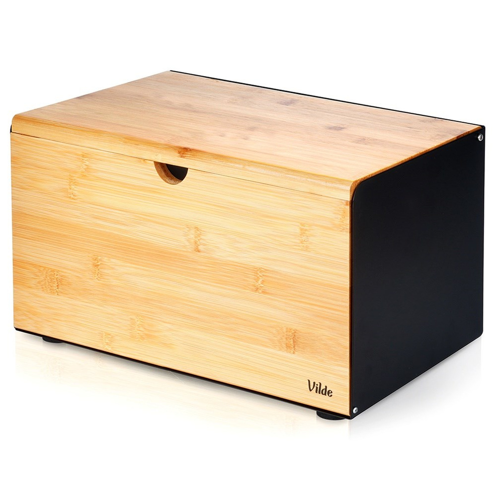 Portapane in bambù e nero con coperchio curvo e logo Vilde.