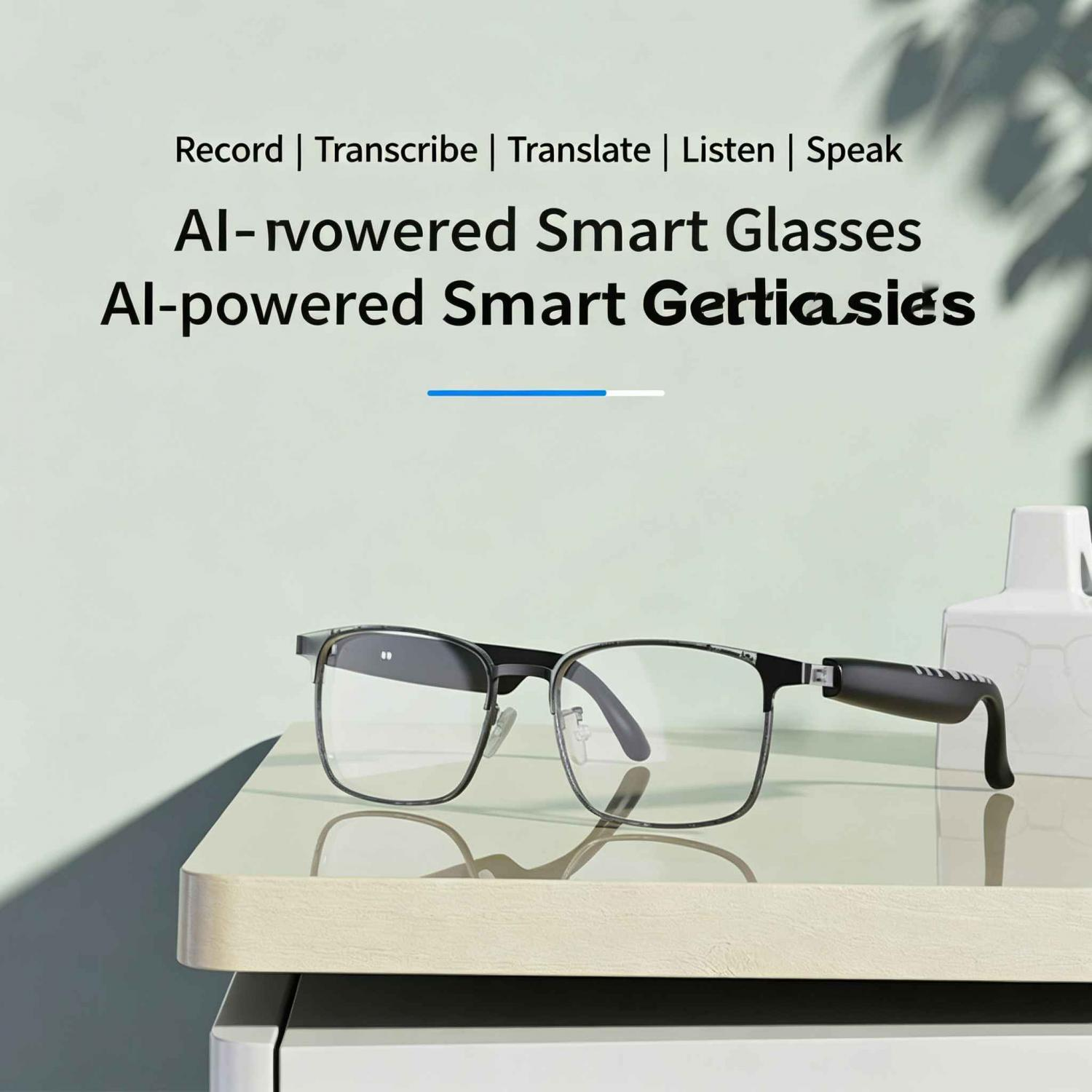 Smarte Brille mit schwarzem Rahmen und Bügeln, die auf einem Tisch liegt.