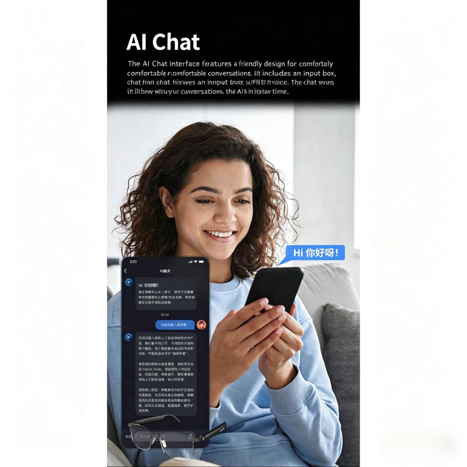 Eine Frau hält ein Smartphone, auf dem ein Chat mit KI zu sehen ist. Blaue Sprechblase mit chinesischer Schrift.
