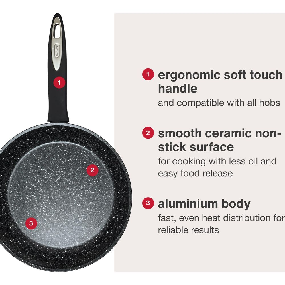 Une poêle noire avec un intérieur moucheté, un manche ergonomique et des caractéristiques étiquetées.