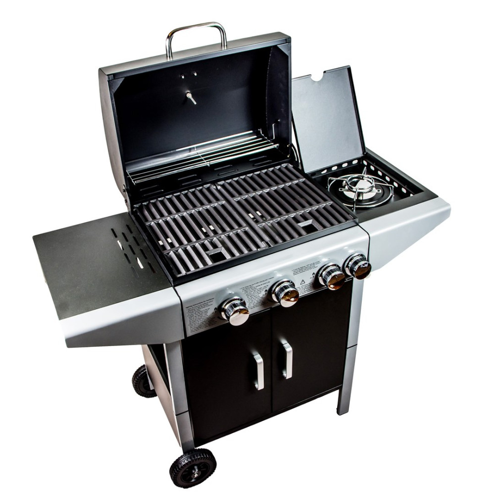 Otwarty grill gazowy z czterema palnikami, palnikiem bocznym i czarną szafką.