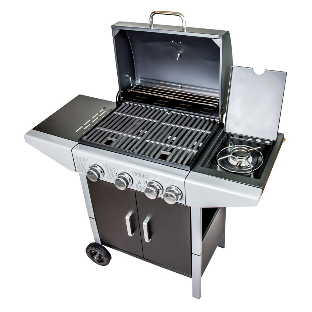 Otwarty grill gazowy z czterema palnikami, palnikiem bocznym i szafką.