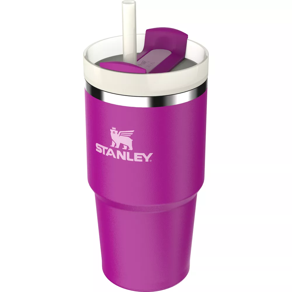 Pipetli ve beyaz kapaklı mor Stanley bardağı.