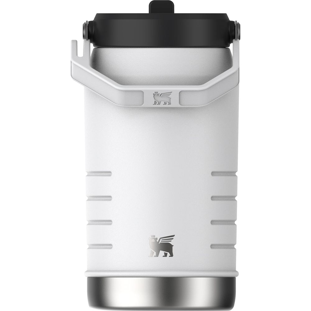 Weiße Isolierflasche mit schwarzem Deckel und silbernem Boden, mit Griff.