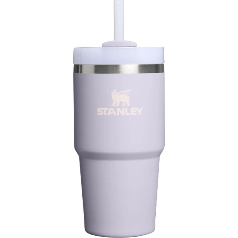 Lavanta rengi Stanley termos bardak, pipetli ve gümüş bantlı.