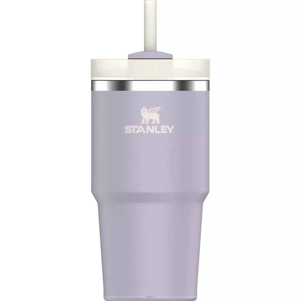 Lavanta rengi Stanley bardak, pipet ve beyaz kapaklı.