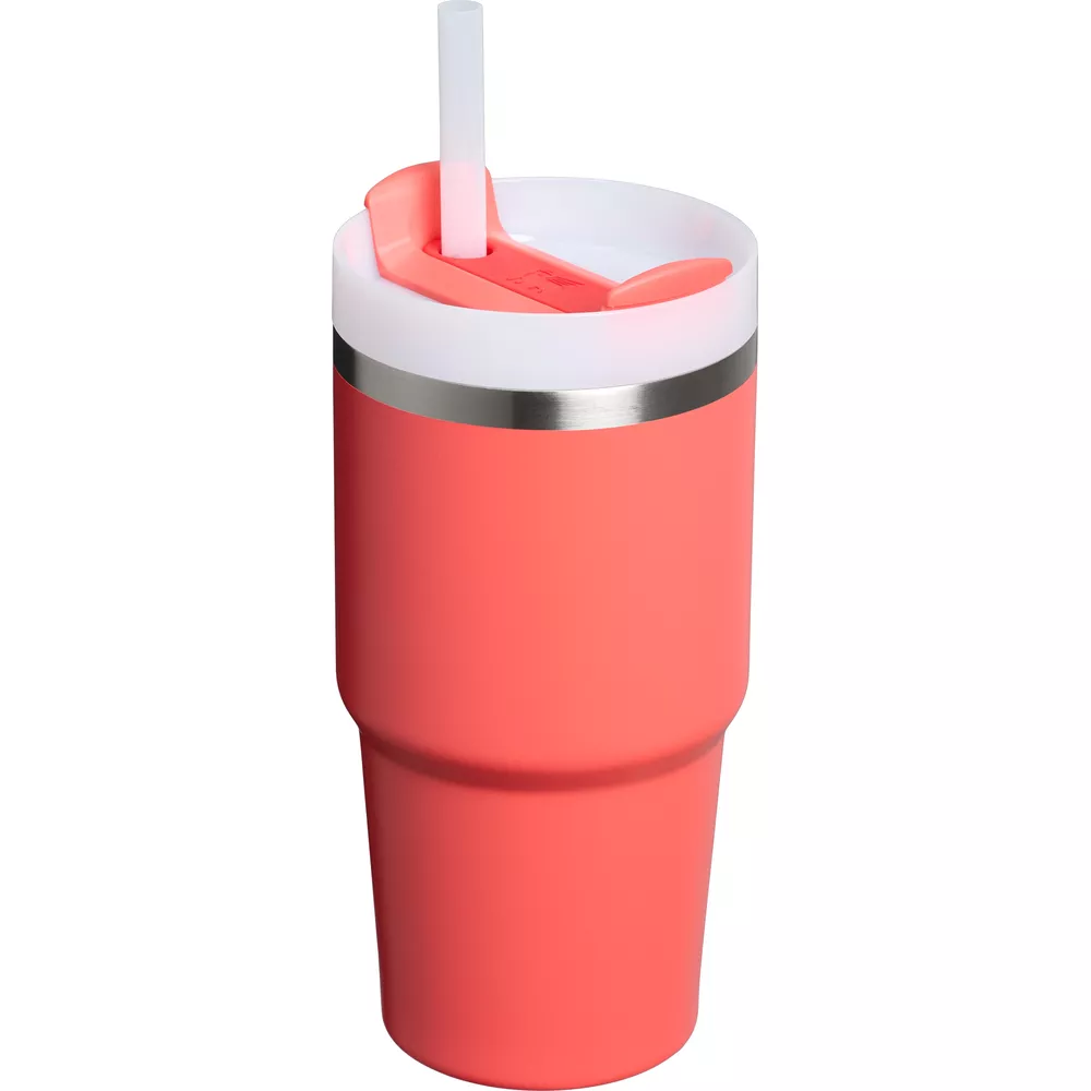 Beyaz kapaklı ve beyaz pipetli mercan rengi bardak. Gümüş bant kapağı gövdeden ayırır.