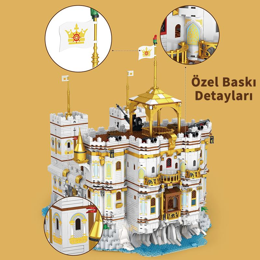 Denizde kayalık bir adada beyaz ve altın Lego kale.