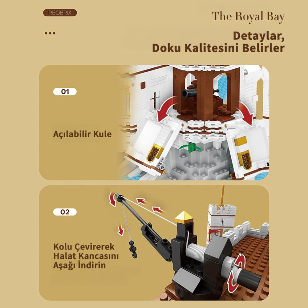 Açılabilir kuleli ve vinçli oyuncak kale.