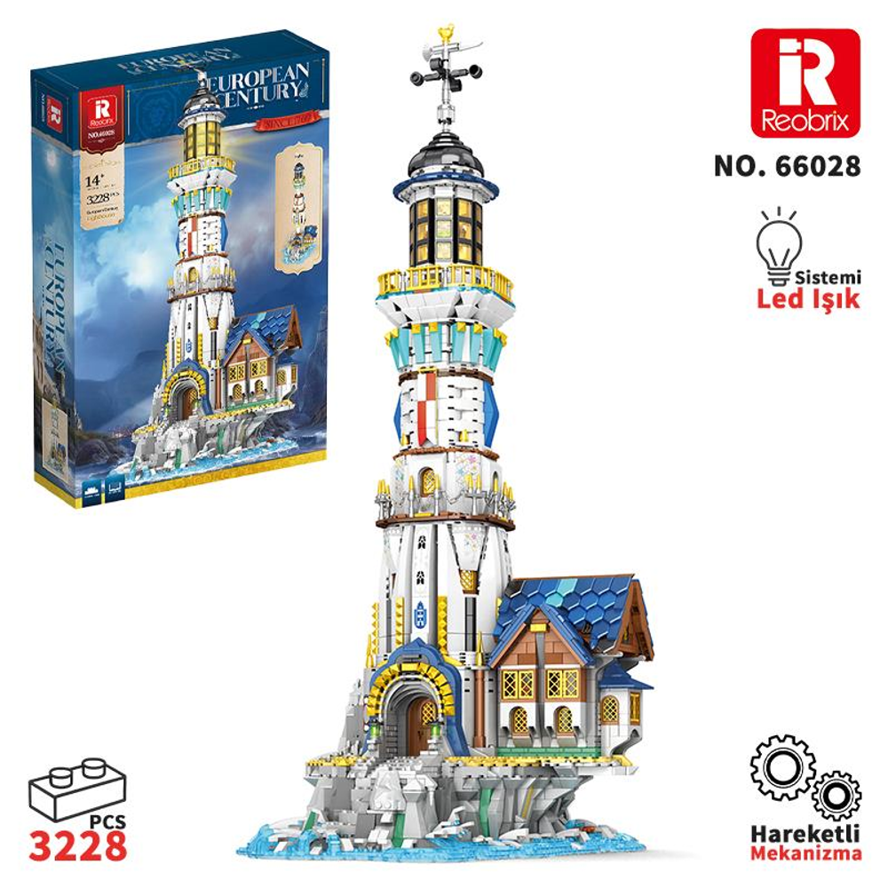 Eklentili bir eve sahip, kayalar üzerindeki detaylı bir Lego deniz feneri modeli.