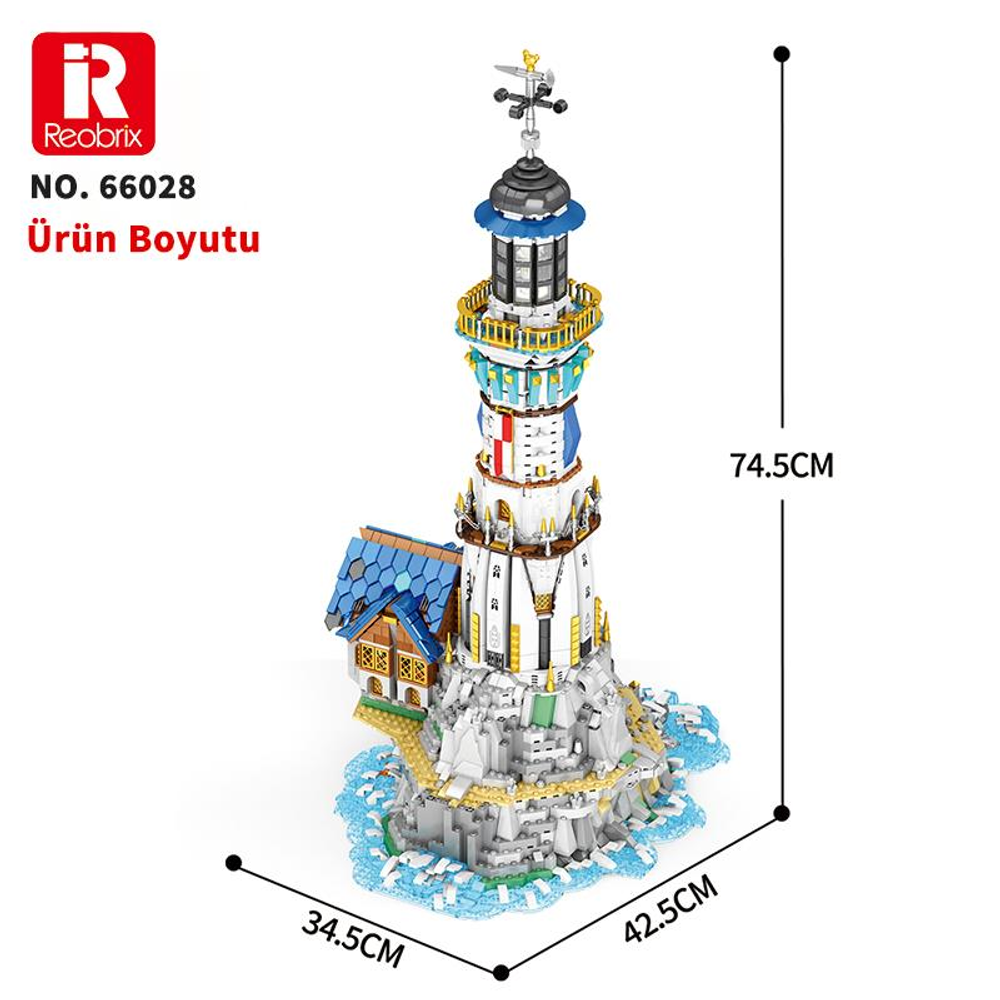 Kayalık arazide bitişik binası bulunan detaylı bir Lego fener modeli.