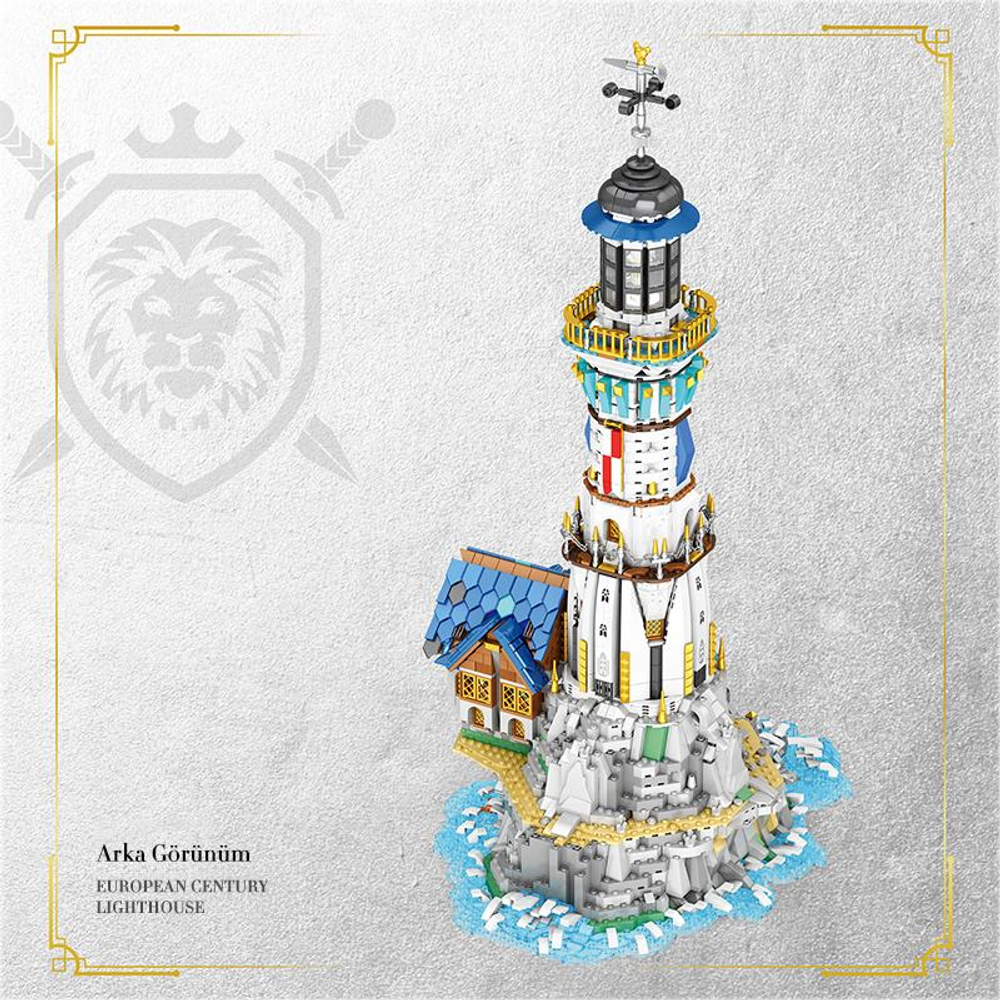 Mavi sularla çevrili kayalık bir adada yer alan detaylı bir Lego fener modeli.