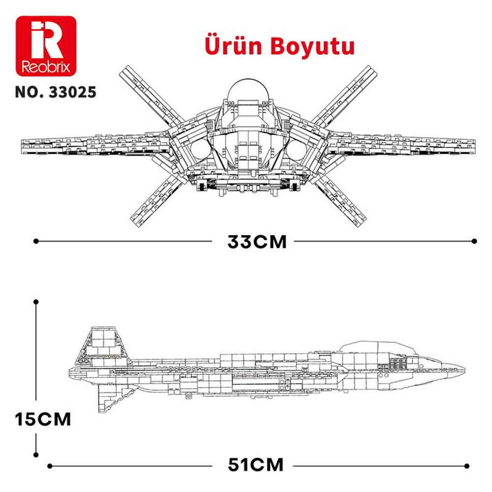 Model uçağın teknik çizimi boyutlarıyla: 33cm genişlik, 15cm yükseklik, 51cm uzunluk.