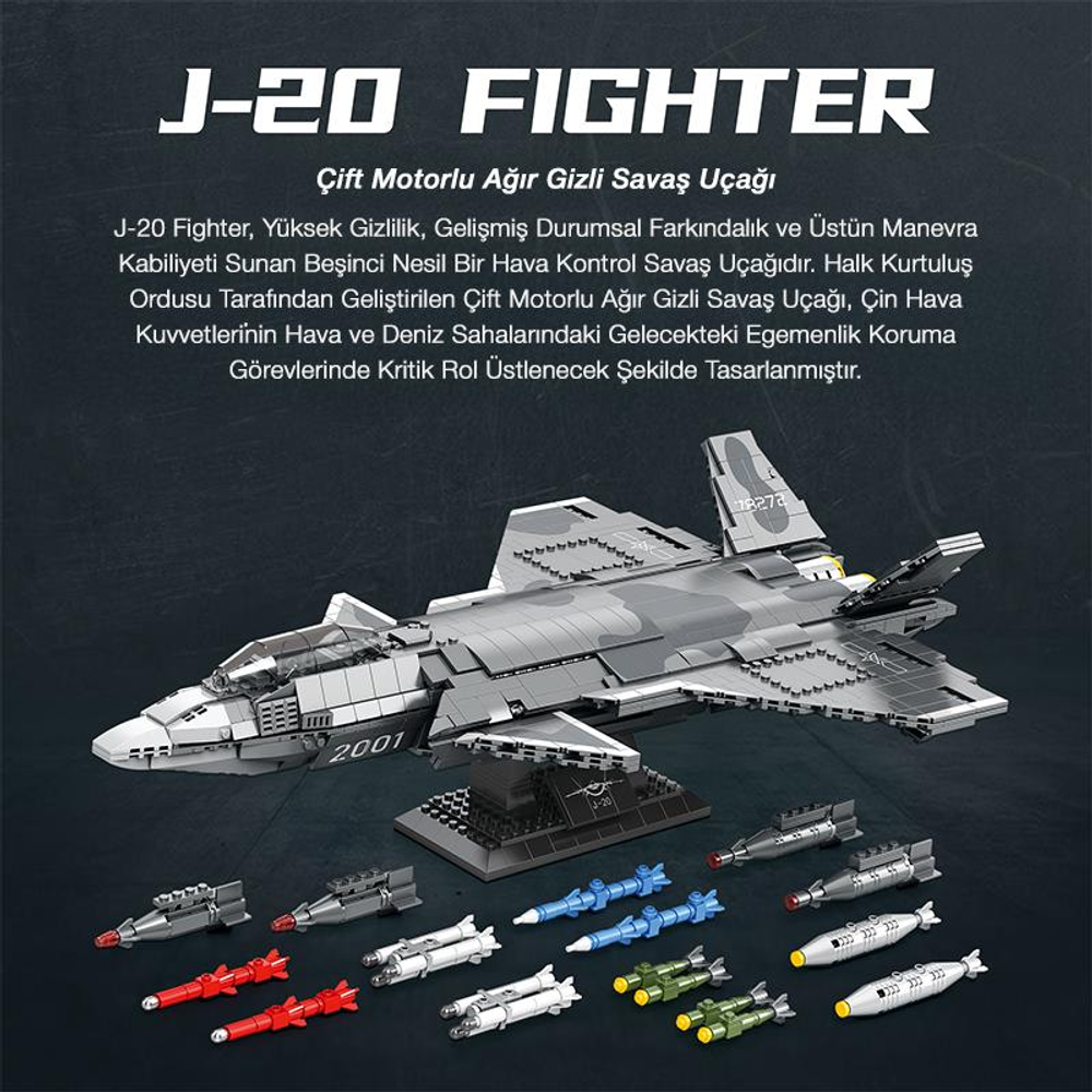 Çeşitli füze ve bombalarla gri J-20 savaş uçağı modeli.