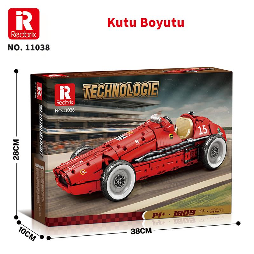Kırmızı Reobrix Technic model yarış arabası, 15 numaralı, boyutları olan teşhir kutusunda.