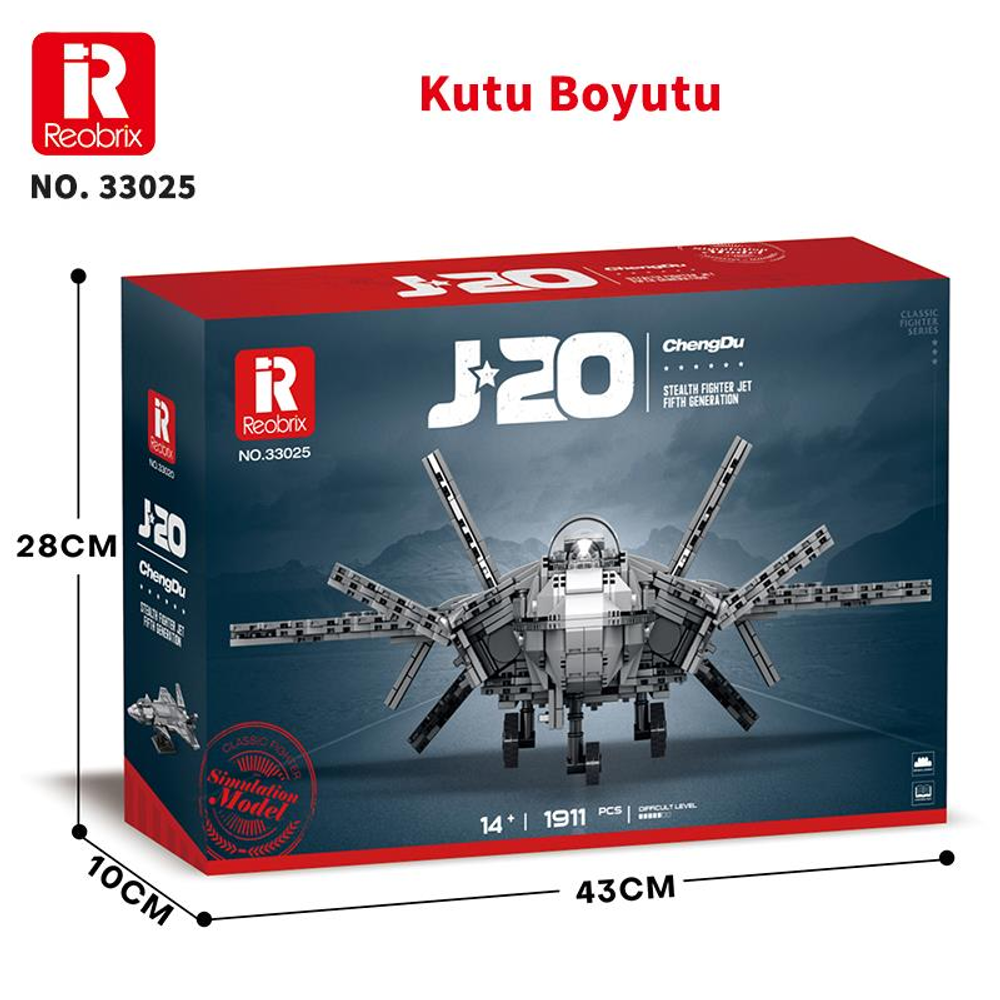 Reobrix J-20 hayalet savaşçı model kutusu, monte edilmiş modeli ve boyutları gösteriyor.