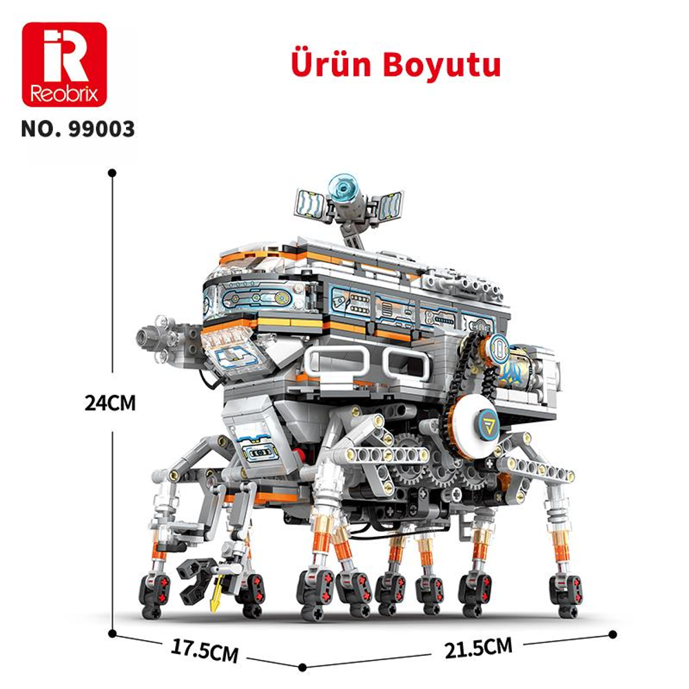 Turuncu detaylara sahip, çok bacaklı, fütüristik bir aracın detaylı modeli.