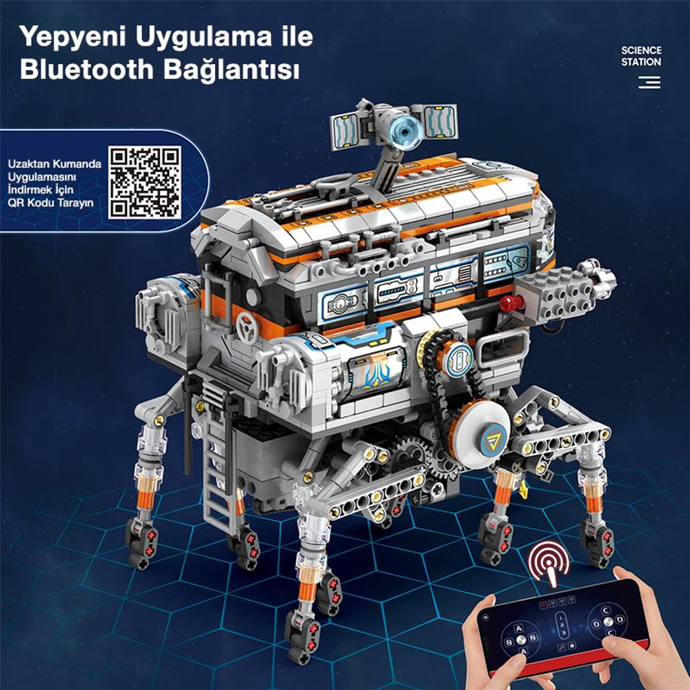 Uzaktan kumandalı ve QR kodlu, detaylı, örümcek benzeri robot yapım oyuncağı.