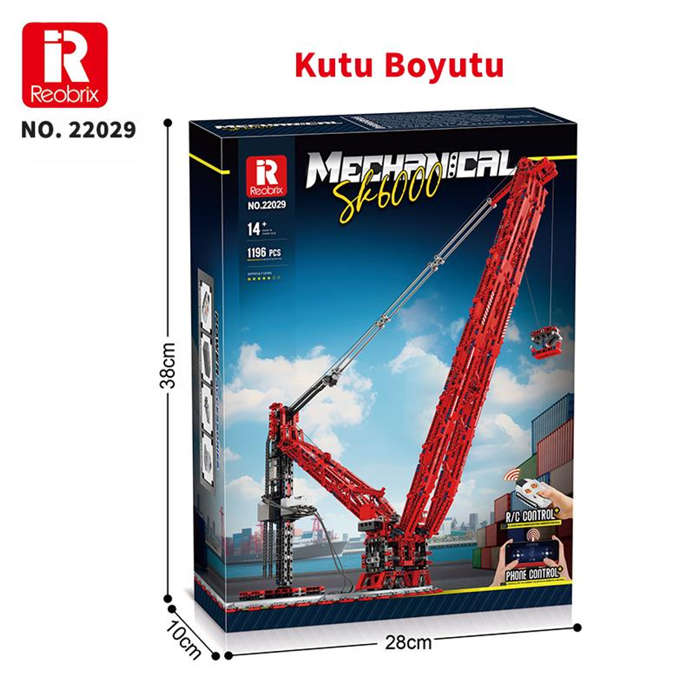 Kırmızı vinç yapım seti kutusu, üzerinde "Mechanical SK6000" yazısı var.