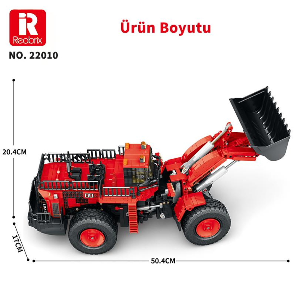 Kırmızı oyuncak yükleyici, 50,4 cm uzunluk, 20,4 cm yükseklik, 17 cm genişlik.