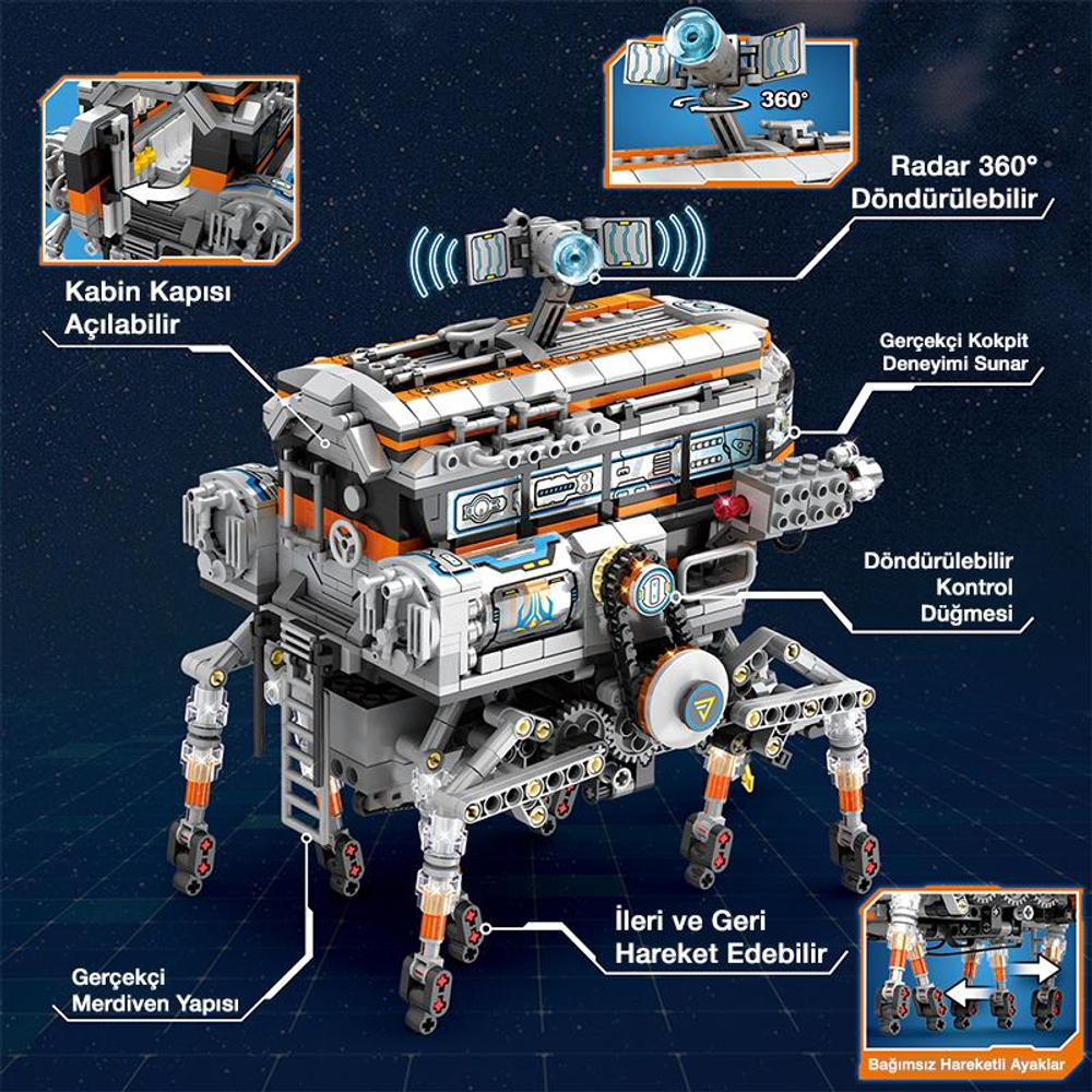 Altı bacaklı, radarli ve açılabilir kabinli detaylı bir örümcek robot modeli.