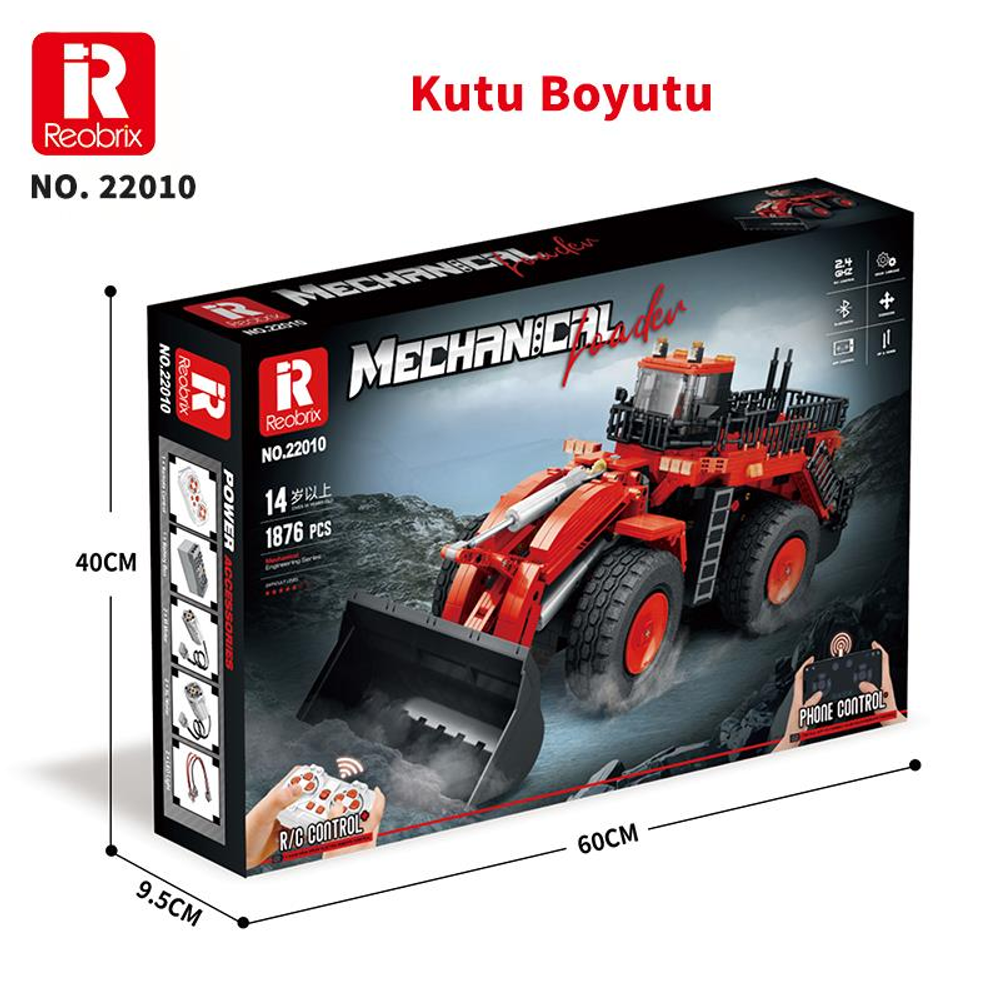 Aksesuarlar ve boyutlarla kırmızı uzaktan kumandalı tekerlekli yükleyici kutusu.