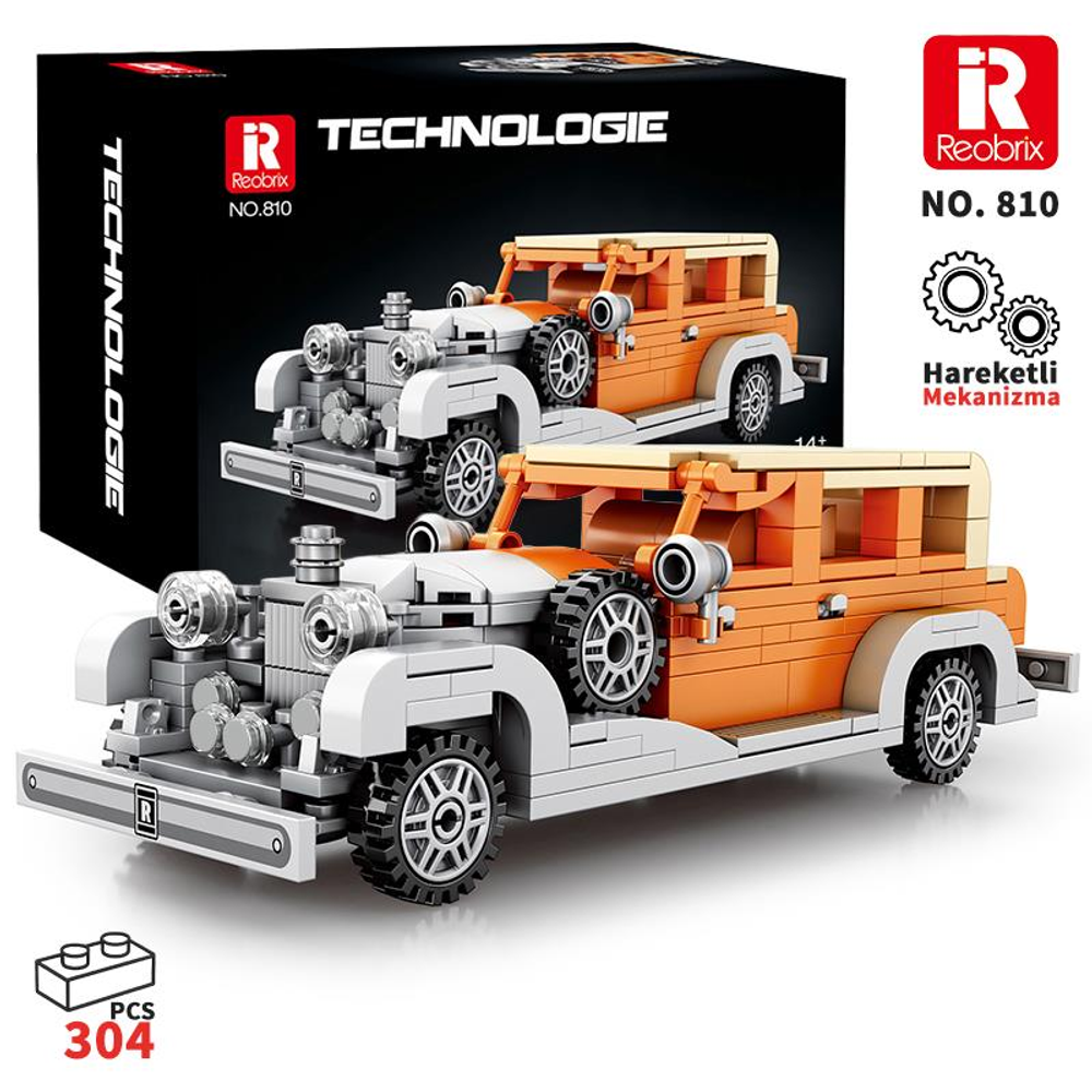 Detaylı ön kısımlı turuncu ve beyaz Lego klasik araba yapım kiti.