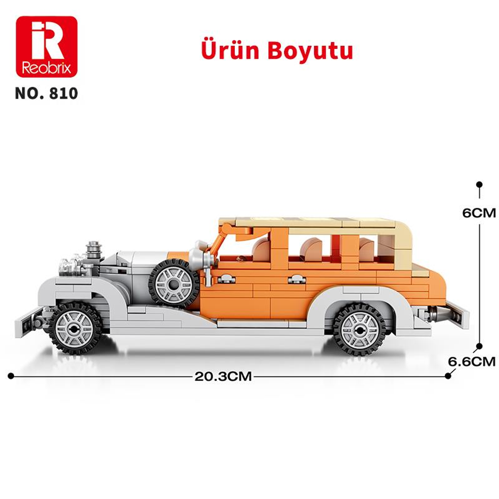 Turuncu vintage araba yapım oyuncağı, 20,3 cm x 6,6 cm x 6 cm ölçülerinde.