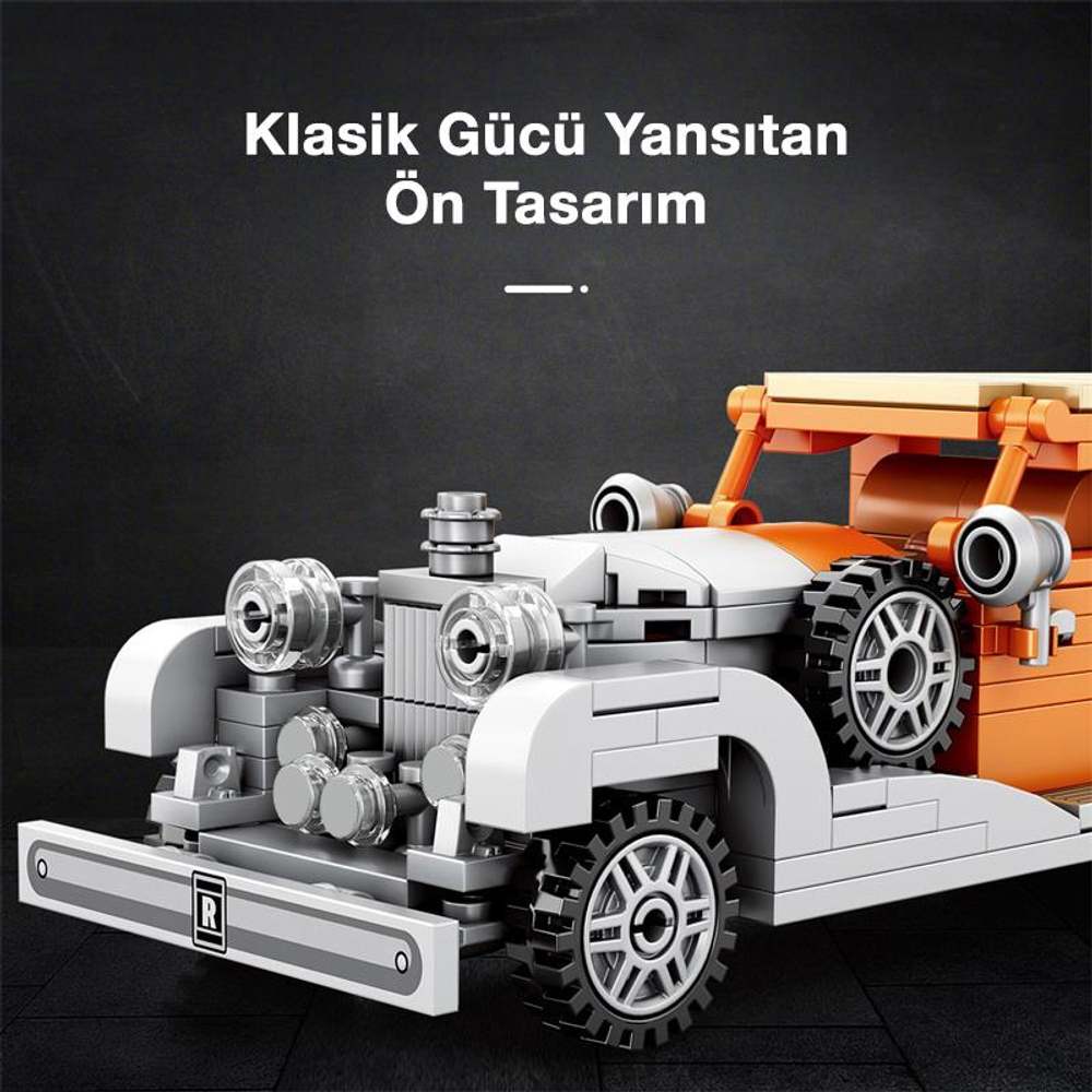 Krom detaylı, turuncu ve beyaz, detaylı Lego klasik araba modeli.