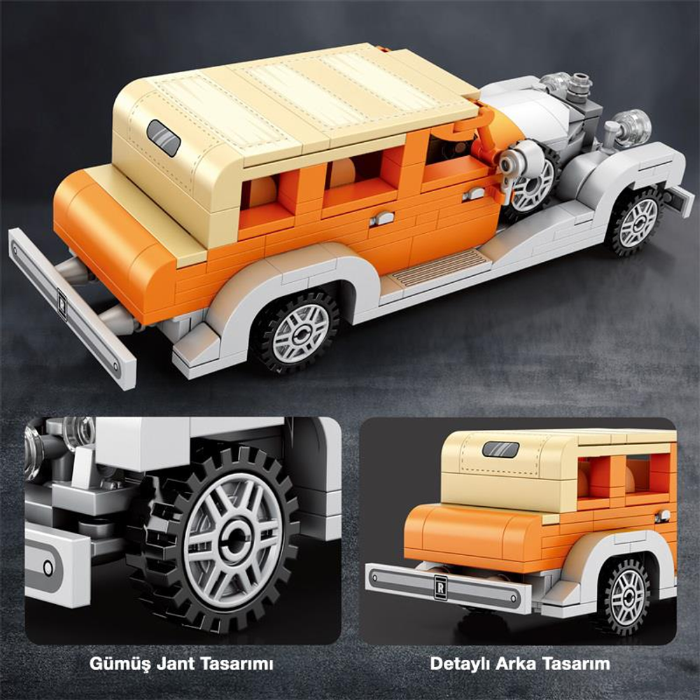 Turuncu ve krem rengi Lego model araba, detaylı tekerlekler ve motorlu.