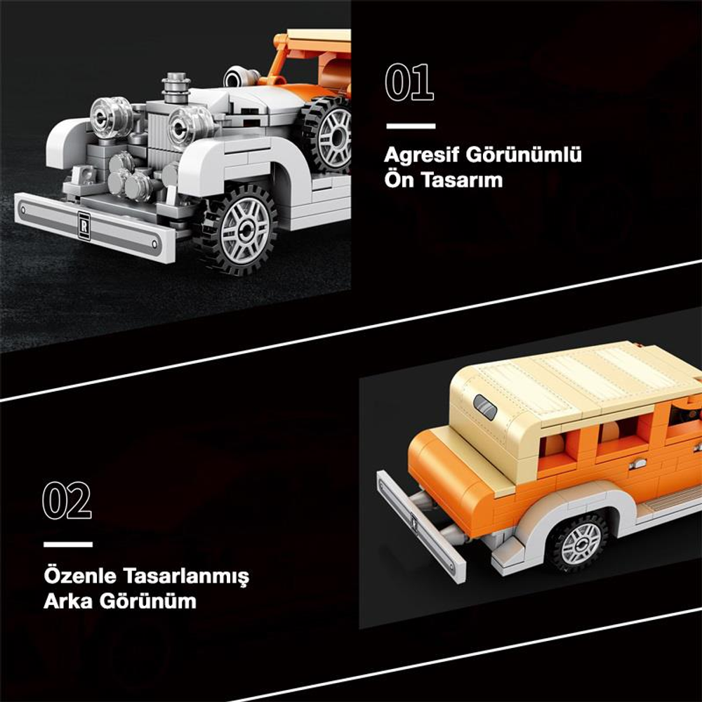 İki Lego araba: önde beyaz bir klasik otomobil, arkada turuncu-bej minibüs.