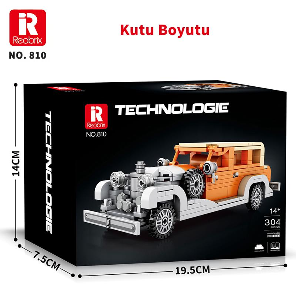 Turuncu ve beyaz klasik bir araba için Reobrix yapım blokları kutusu.