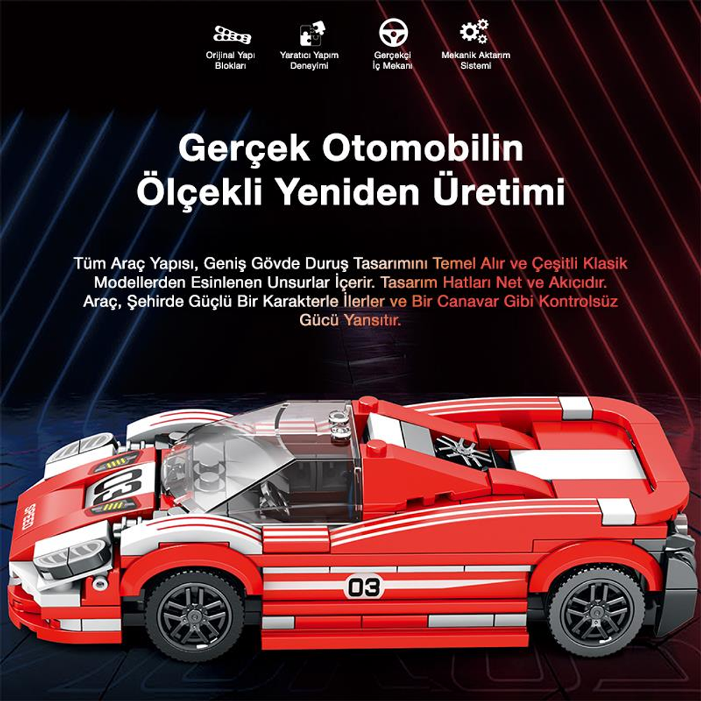 Yanında 03 numarası olan kırmızı ve beyaz tuğladan yapılmış model araba.