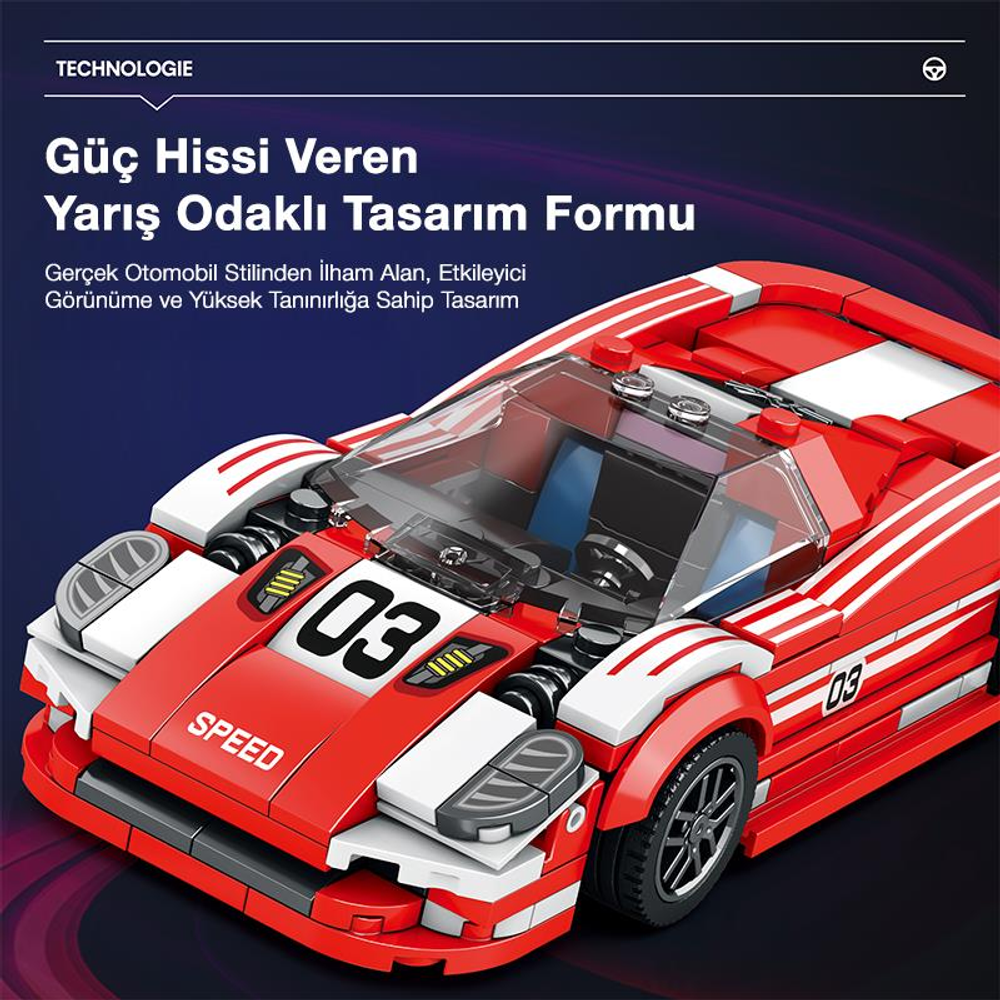 Beyaz çizgili kırmızı oyuncak yarış arabası, üzerinde 03 yazıyor.
