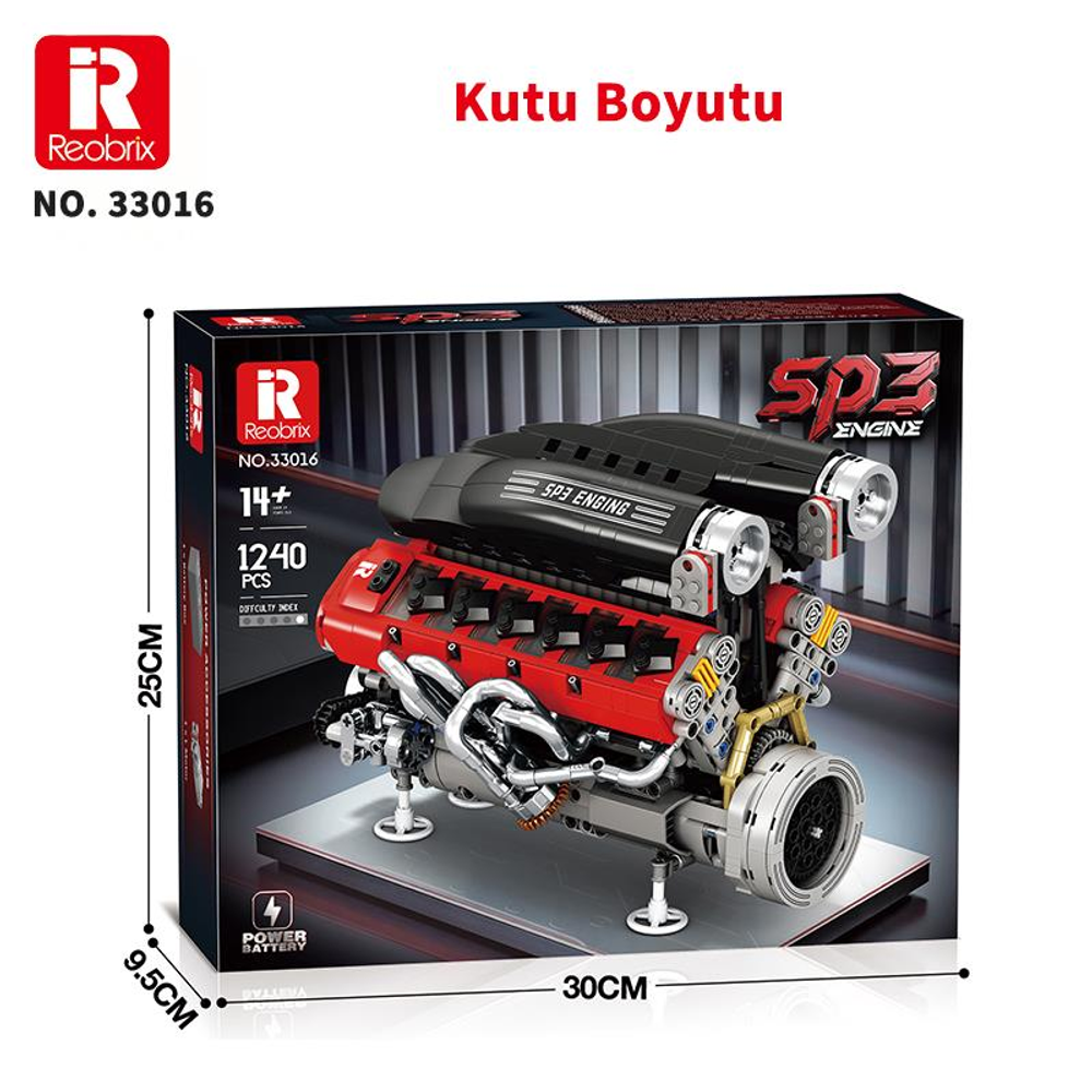 Detaylı kırmızı ve siyah V8 motor modeli, borular ve fanlarla sergileme tabanı üzerinde.