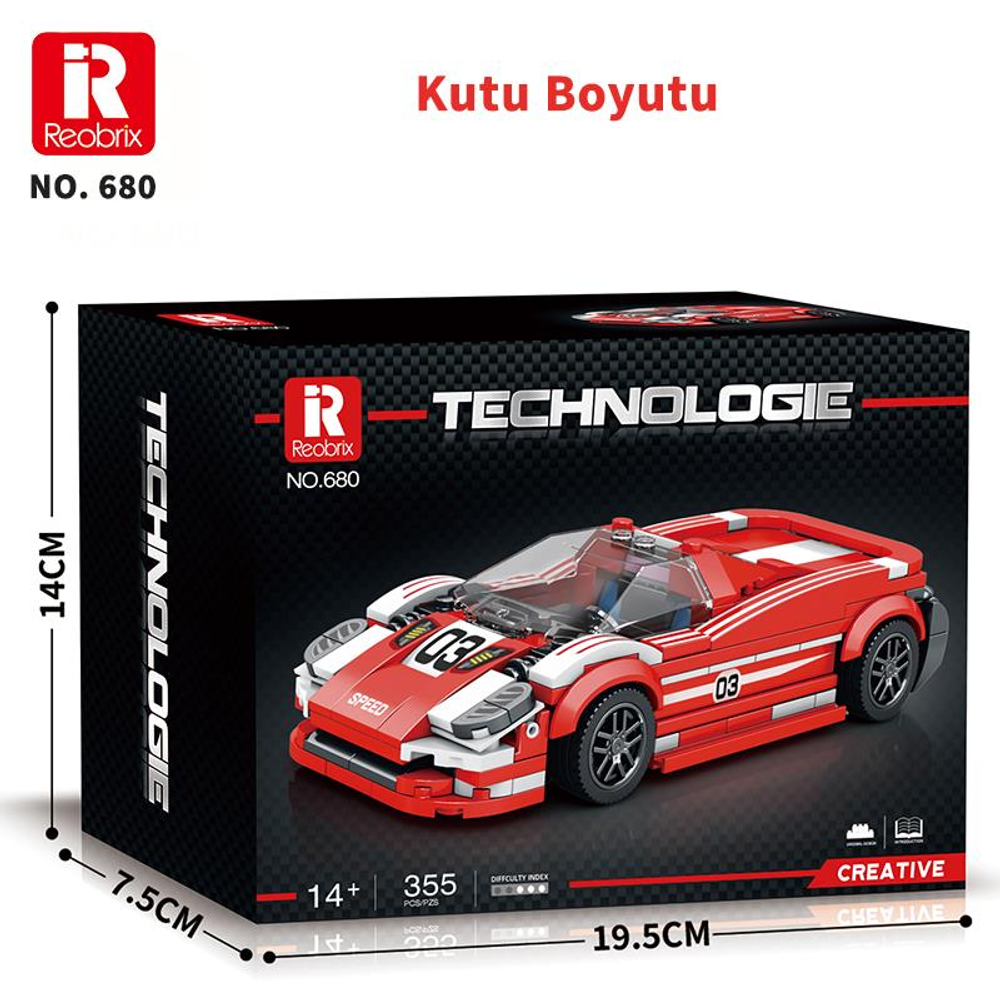 Teknoloji' markalı kırmızı ve beyaz oyuncak araba kutusu ve boyutları.