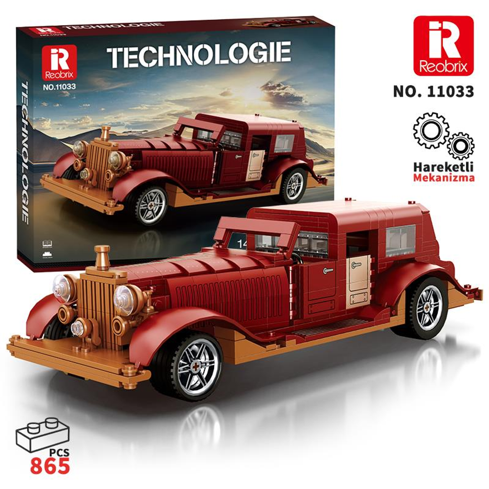 Altın vurgulu, kırmızı Lego model araba ve "Technologie" markası.