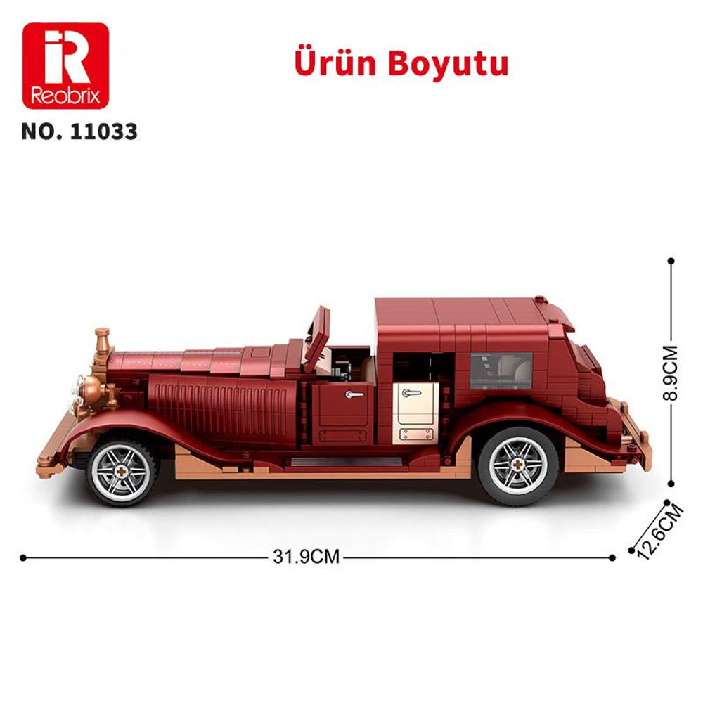 Pirinç detaylı koyu kırmızı klasik araba modeli. Boyutlar: 31,9x8,9x12,6 cm.