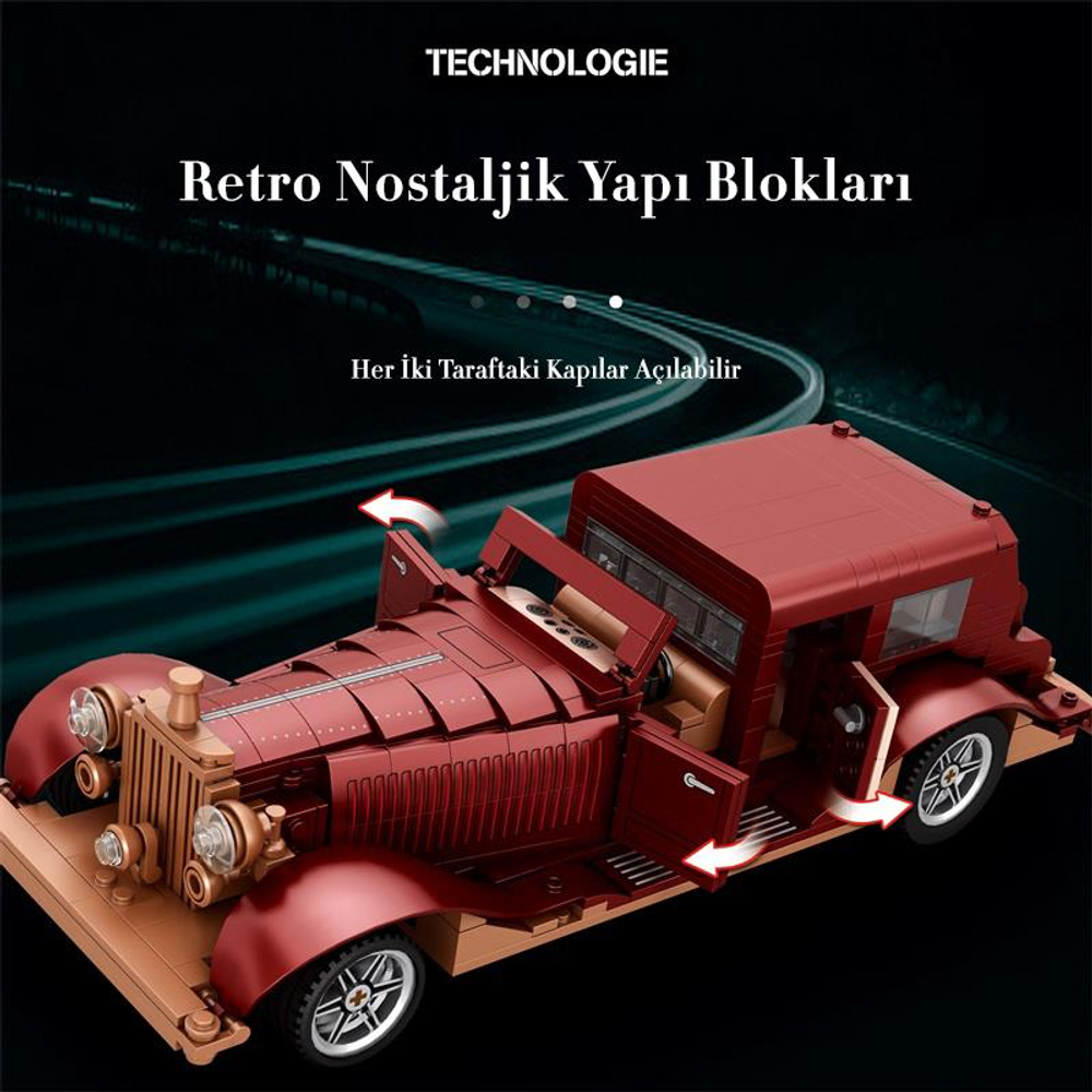 Kırmızı ve altın rengi detaylı retro tarzı model araba. Kapılar ve kaput açık.