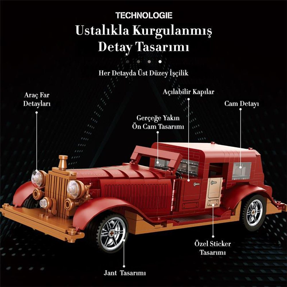 Detaylı bir şekilde gösterilen kırmızı, tuğladan yapılmış eski model araba.