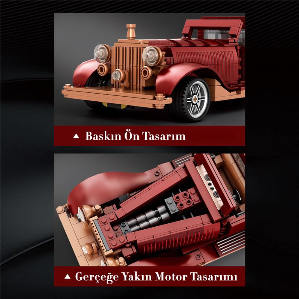 Motoru görünen kırmızı vintage araba LEGO replikasının ayrıntılı görünümü.