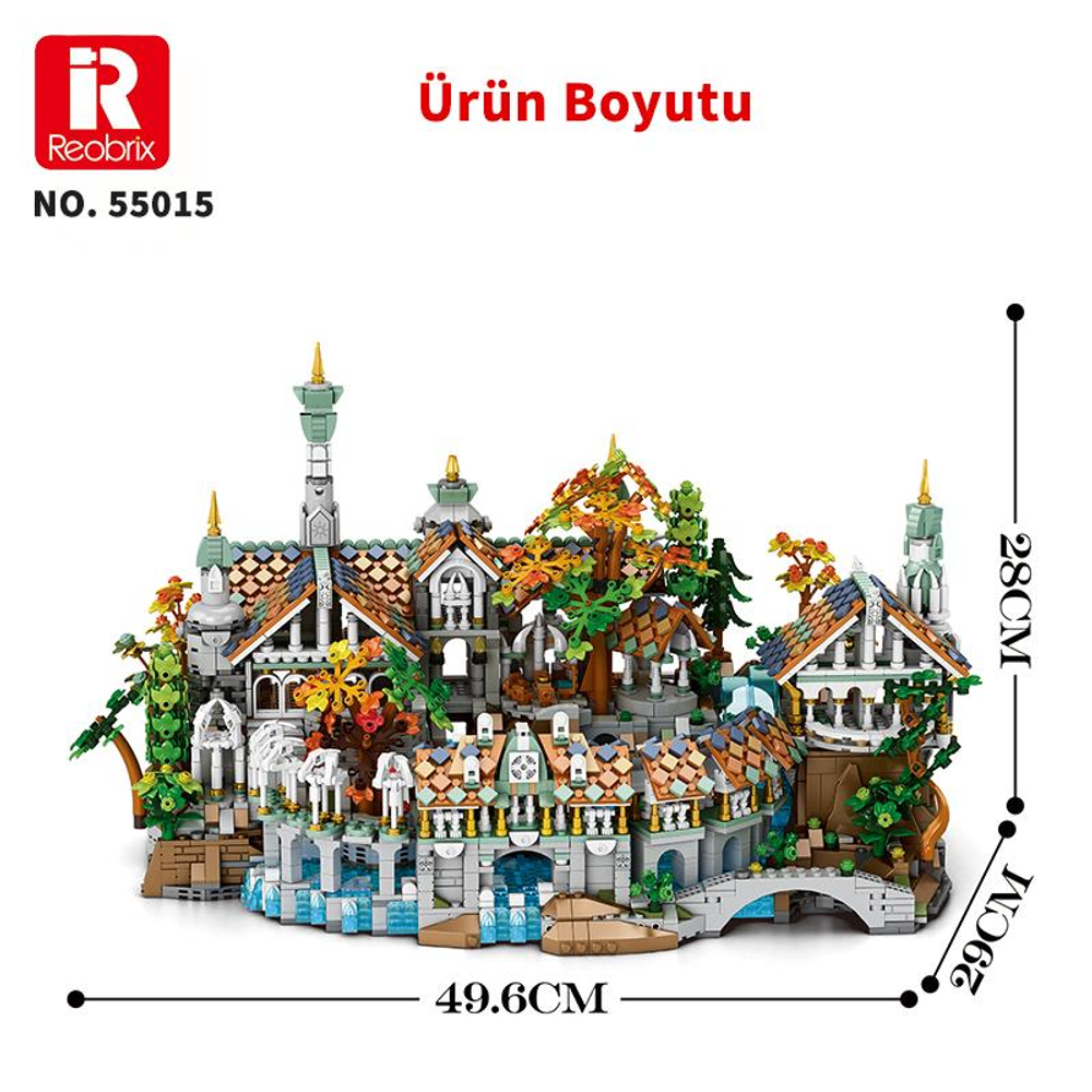 Çok sayıda bina, ağaç ve köprü içeren detaylı bir fantezi köyü Lego modeli.