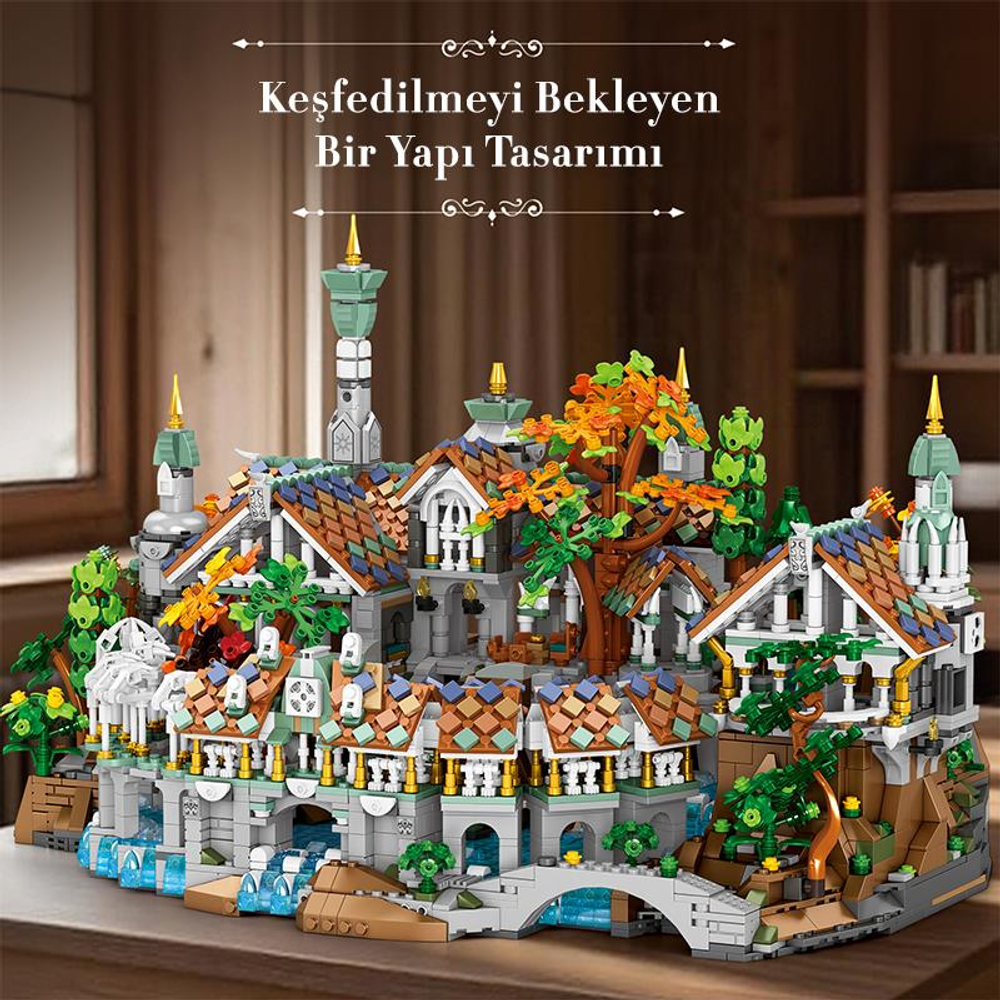 Kuleler, ağaçlar ve su içeren fantezi benzeri bir bina kompleksinin detaylı Lego modeli.