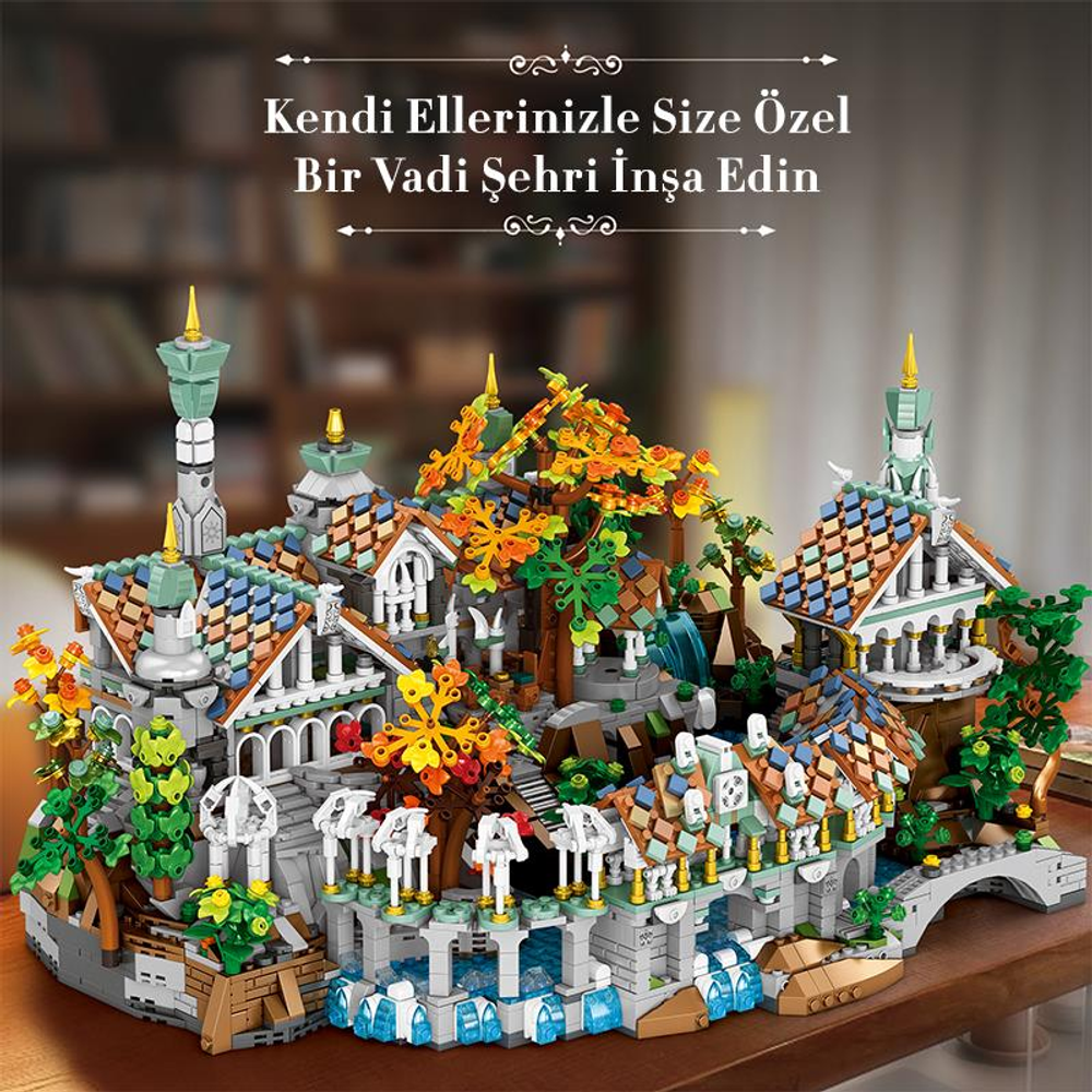 Kuleler, ağaçlar ve şelaleler içeren detaylı bir Lego şehir modeli.