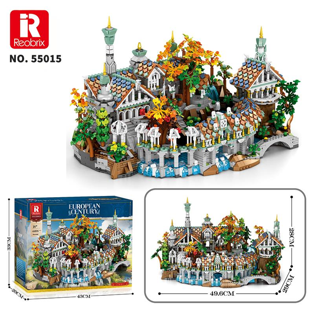 Ağaçlar ve su ile detaylı, Lego benzeri bir Avrupa kalesi modeli.
